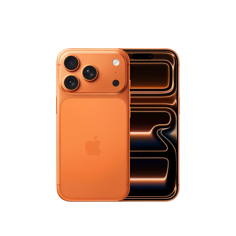 The Apple iPhone 17 Pro in Cosmic Orange, showing both the rear panel with its triple-camera setup and the front display featuring an orange-toned abstract wallpaper.