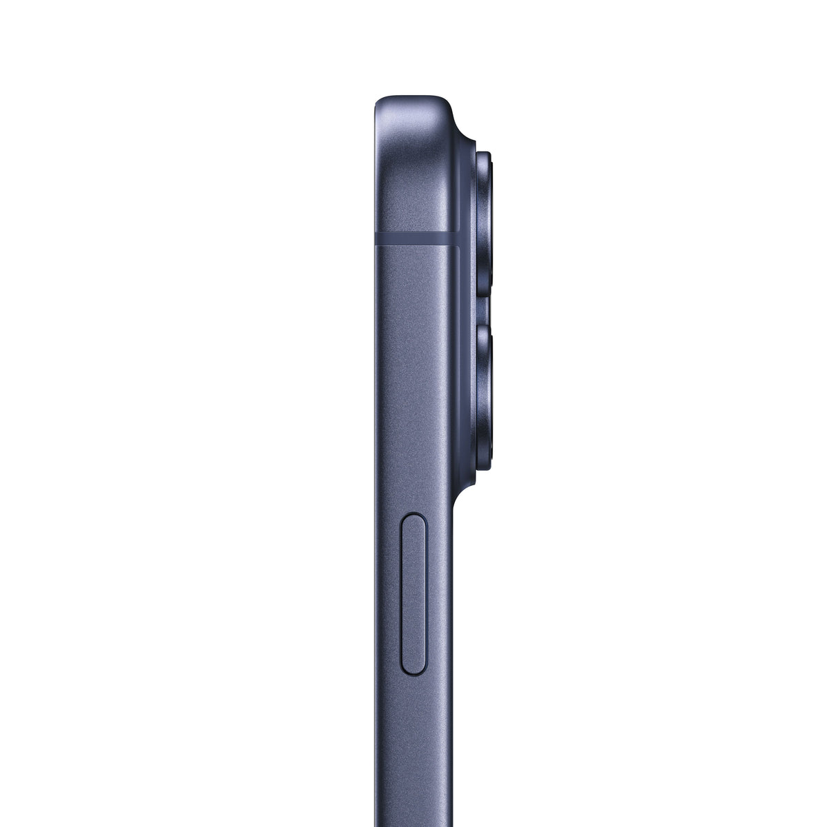 A side profile view of the iPhone 17 Pro in Deep Blue, showing the side button and the prominent rear camera module bump.