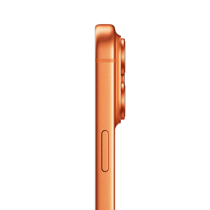 A profile view of the iPhone 17 Pro Max in Cosmic Orange, highlighting the side button and the protruding camera bump.