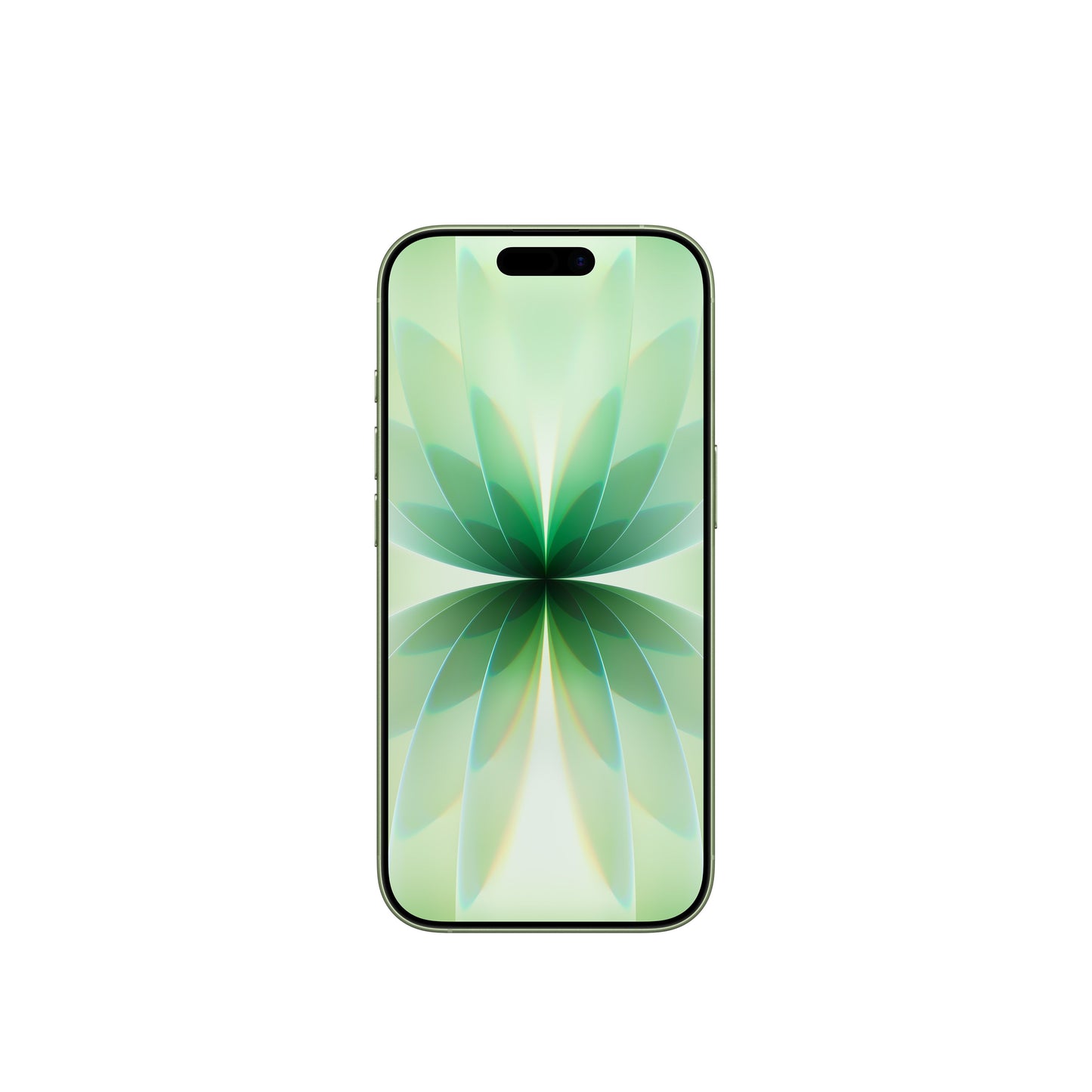 A front-facing view of the Sage smartphone, highlighting its edge-to-edge display with the Dynamic Island and the symmetrical, light-toned floral abstract wallpaper.