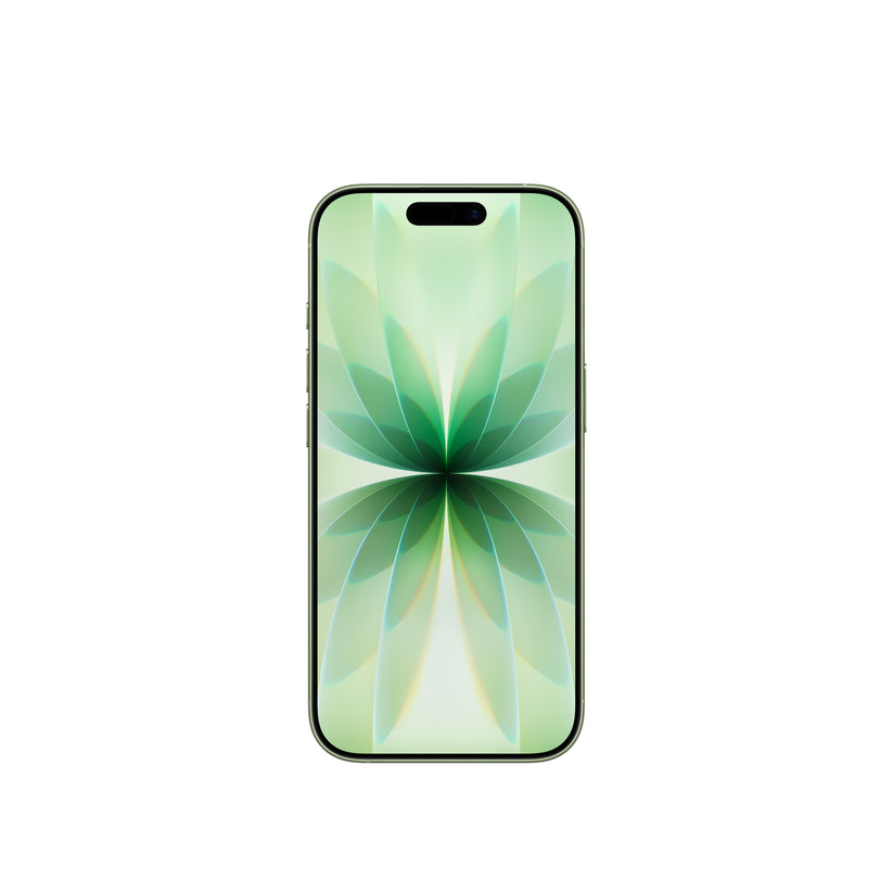 A front-facing view of the Sage smartphone, highlighting its edge-to-edge display with the Dynamic Island and the symmetrical, light-toned floral abstract wallpaper.