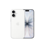 An Apple iPhone 17 displayed in white, showing the vertical dual-lens rear camera system on the back panel alongside the front display featuring a soft, floral abstract wallpaper and the Dynamic Island