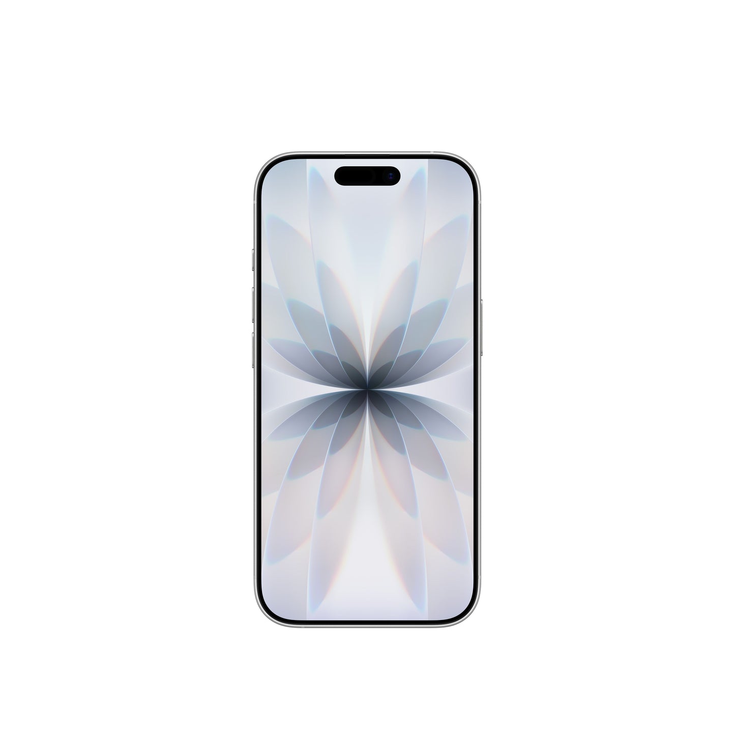 A front-facing view of the white smartphone, highlighting its edge-to-edge display with the Dynamic Island and the symmetrical, light-toned floral abstract wallpaper.
