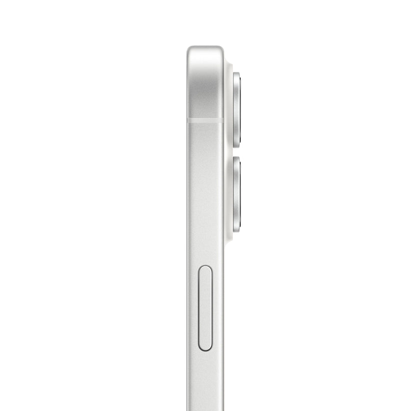 A side profile view of the white smartphone, showing the side button and the protruding lenses of the vertical dual-camera system.