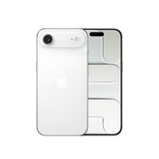 A white smartphone shown from both the front and back, featuring a distinctive horizontal camera "plateau" bar across the upper rear housing a single camera lens, a microphone hole, and a flash, alongside a centered Apple logo and a front display featuring the Dynamic Island and an abstract geometric wallpaper.