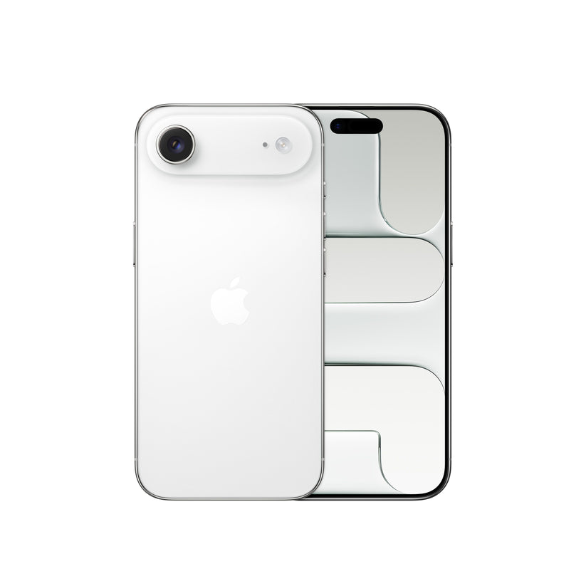 A white smartphone shown from both the front and back, featuring a distinctive horizontal camera "plateau" bar across the upper rear housing a single camera lens, a microphone hole, and a flash, alongside a centered Apple logo and a front display featuring the Dynamic Island and an abstract geometric wallpaper