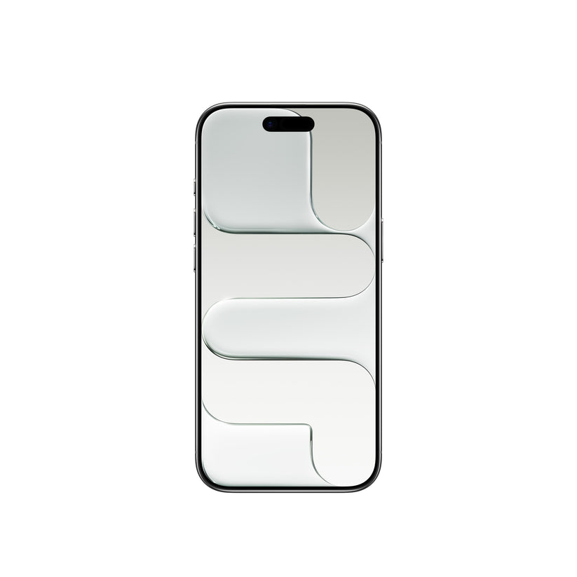 A front-facing view of the iPhone Air smartphone, showcasing an all-screen display with slim bezels, the Dynamic Island pill-shaped cutout at the top, and a light gray and silver abstract geometric wallpaper.