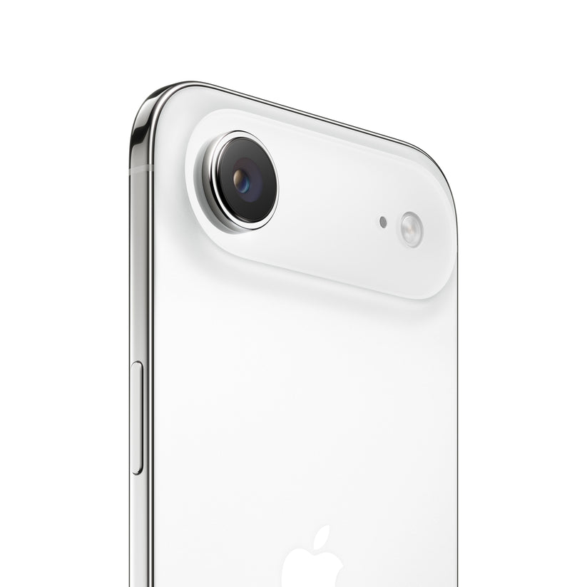 A close-up view of the white iPhone Air, highlighting the upper-rear horizontal camera plateau housing the single protruding camera lens, microphone hole, and flash, along with the polished metal frame and side button.