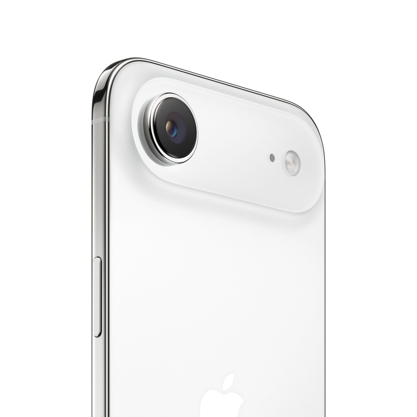 A close-up view of the white iPhone Air, highlighting the upper-rear horizontal camera plateau housing the single protruding camera lens, microphone hole, and flash, along with the polished metal frame and side button.