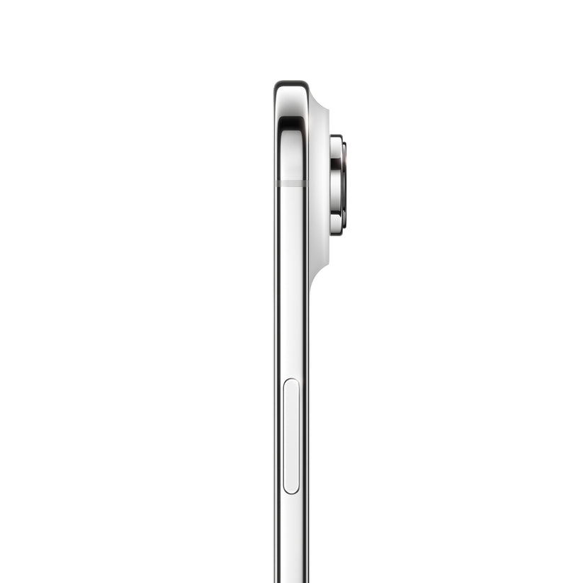 A profile side view of the white iPhone Air, highlighting its ultra-slim chassis, polished metal frame, side button, and the distinct protrusion of the horizontal camera plateau and single lens on the rear.