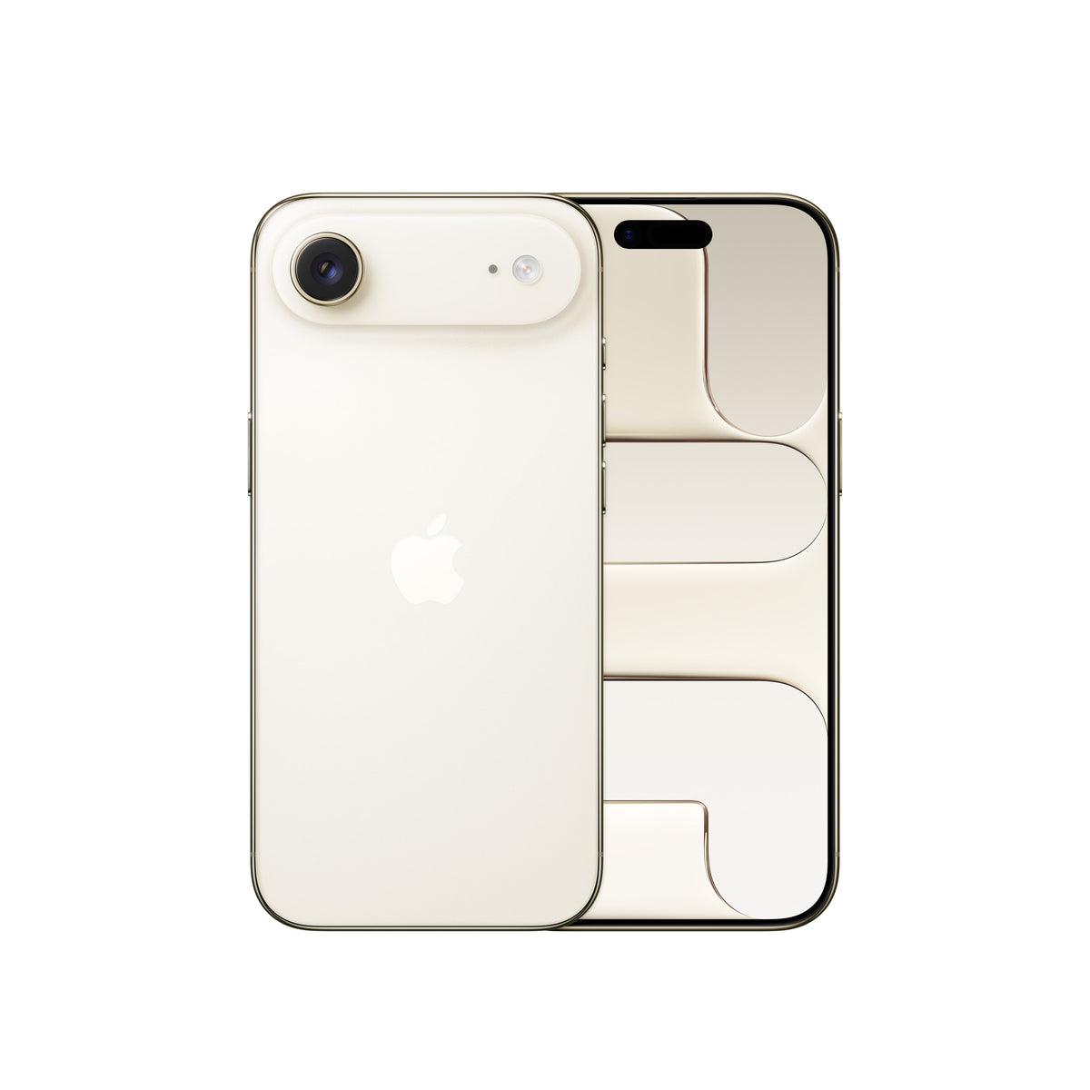 A warm gold-toned variant of the iPhone Air concept, displayed from both the front and back. The rear features the signature horizontal "plateau" camera bar housing a single lens, microphone, and flash, while the front screen displays the Dynamic Island paired with a warm gold-tinted geometric wallpaper.