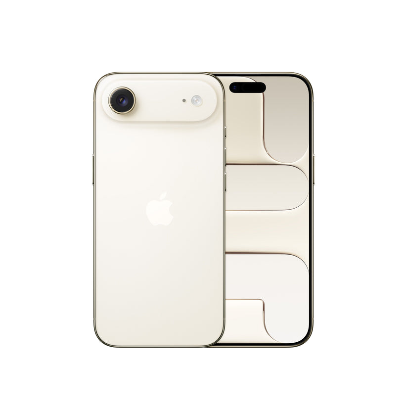 A warm gold-toned variant of the iPhone Air concept, displayed from both the front and back. The rear features the signature horizontal "plateau" camera bar housing a single lens, microphone, and flash, while the front screen displays the Dynamic Island paired with a warm gold-tinted geometric wallpaper.