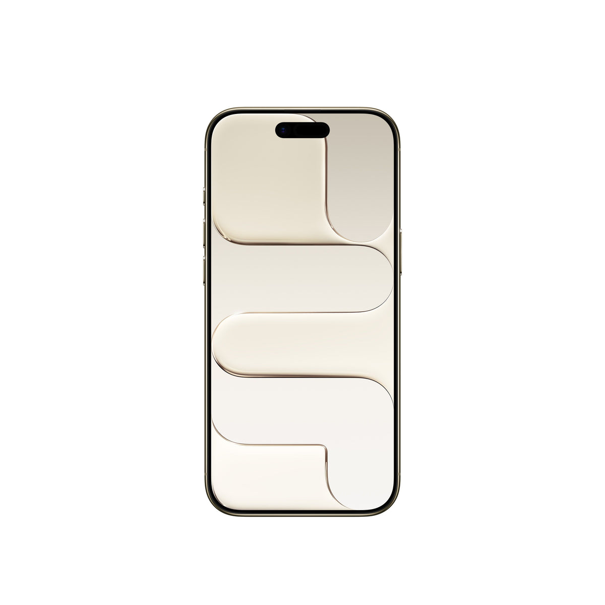 A front-facing view of the gold-toned iPhone Air smartphone, showcasing an all-screen display with slim bezels, the Dynamic Island pill-shaped cutout at the top, and a cream and gold abstract geometric wallpaper.