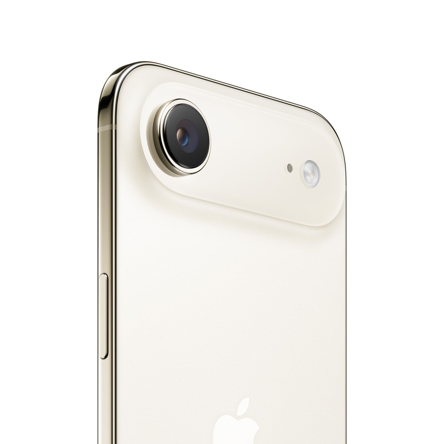 A close-up view of the gold-toned iPhone Air, highlighting the upper-rear horizontal camera plateau housing the single protruding camera lens, microphone hole, and flash, along with the polished gold-tinted metal frame, side button, and the top portion of the Apple logo.