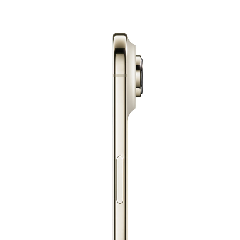 A profile side view of the gold iPhone Air, highlighting its ultra-slim chassis, polished gold-tinted metal frame, side button, and the distinct protrusion of the horizontal camera plateau and single lens on the rear.