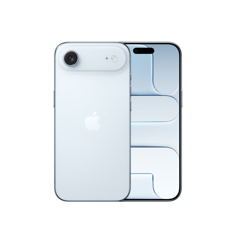 A light blue-toned variant of the iPhone Air concept, displayed from both the front and back. The rear showcases the signature horizontal "plateau" camera bar housing a single lens, microphone, and flash, while the front screen displays the Dynamic Island paired with a matching cool blue-tinted geometric wallpaper.
