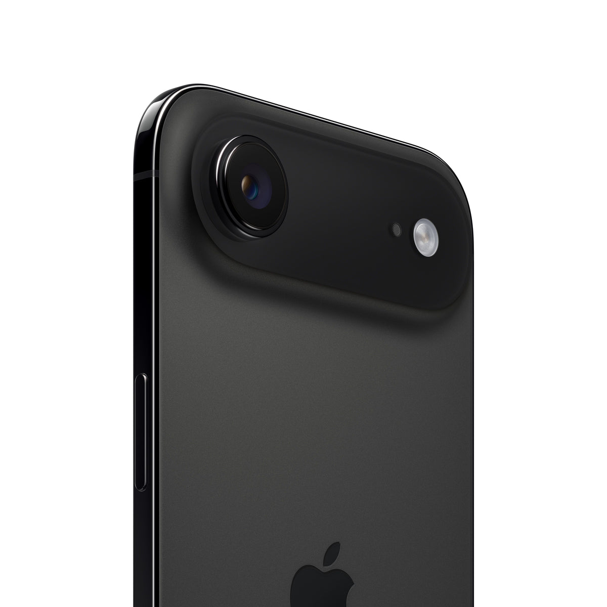 A close-up view of the dark iPhone Air, highlighting the upper-rear horizontal camera plateau housing the single protruding camera lens, microphone hole, and flash, along with the dark metal frame, side button, and the top portion of the Apple logo.