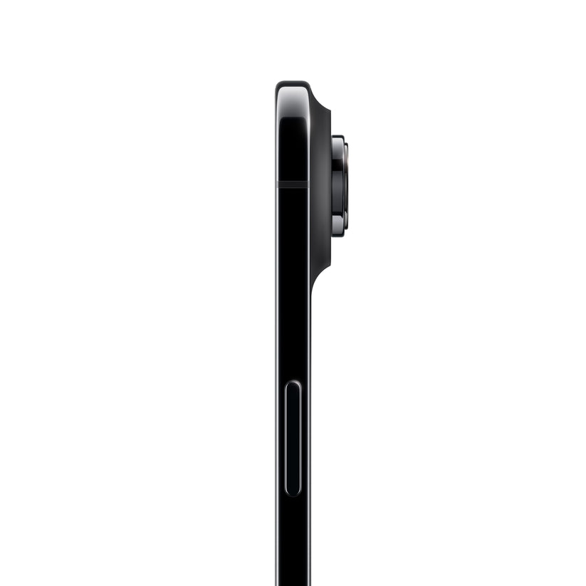 A profile side view of the dark iPhone Air, highlighting its ultra-slim chassis, polished dark metal frame, side button, and the distinct protrusion of the horizontal camera plateau and single lens on the rear.