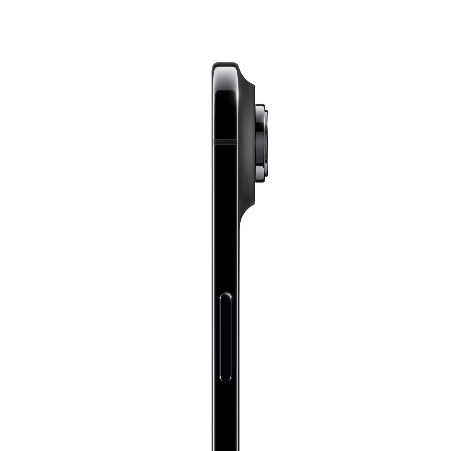 A profile side view of the dark iPhone Air, highlighting its ultra-slim chassis, polished dark metal frame, side button, and the distinct protrusion of the horizontal camera plateau and single lens on the rear.
