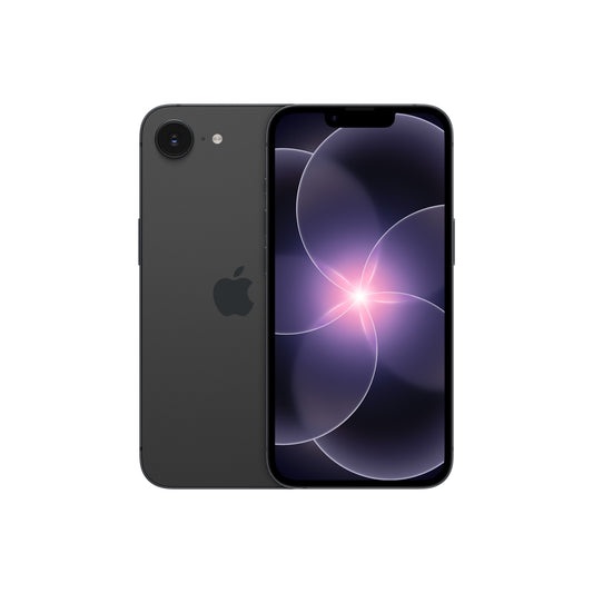 A dark-colored smartphone displayed from both the front and back, featuring a single-lens rear camera with an adjacent flash, a centered Apple logo, and a front display with a top notch and a glowing purple abstract floral wallpaper.