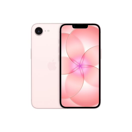 A pink smartphone displayed from both the front and back, featuring a single-lens rear camera with an adjacent flash, a centered Apple logo, and a front display with a top notch and a vibrant pink floral abstract wallpaper.