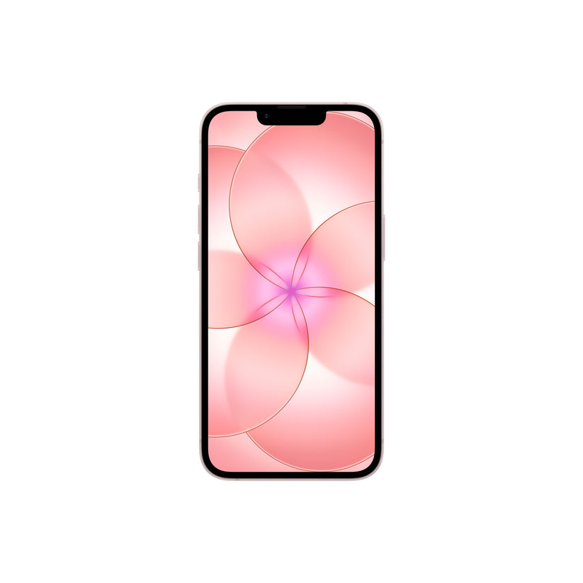 A front-facing view of a pink smartphone displaying an edge-to-edge screen with a top notch and a vibrant pink floral abstract wallpaper