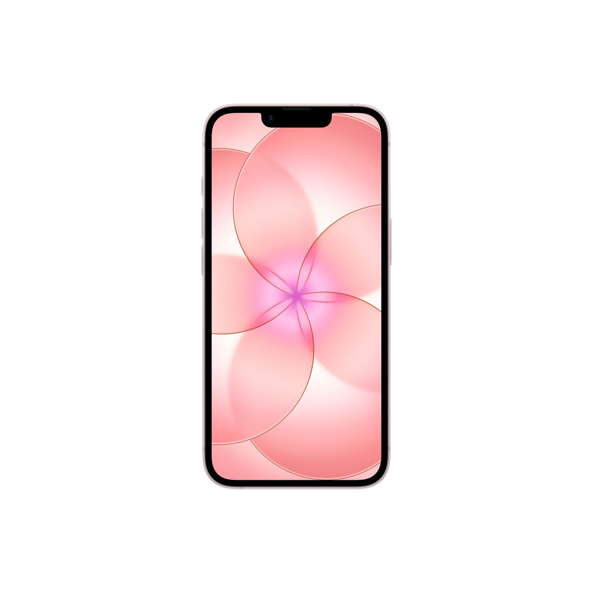 A front-facing view of a pink smartphone displaying an edge-to-edge screen with a top notch and a vibrant pink floral abstract wallpaper.