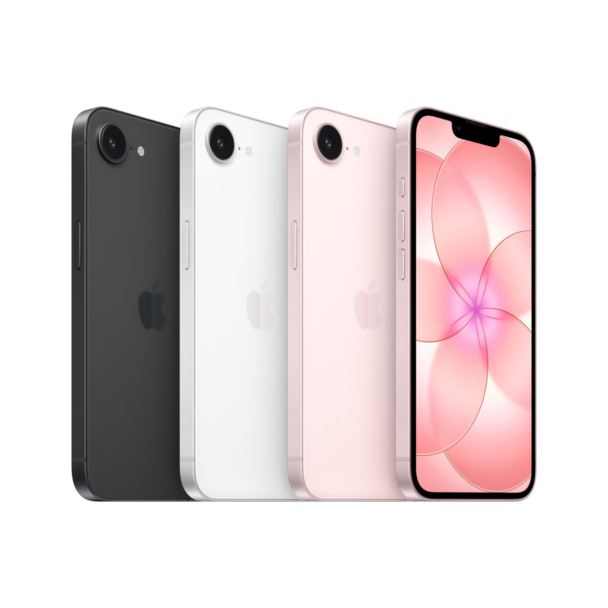 A lineup of four smartphones displayed together, showcasing three rear panels in dark gray, white, and pink, each featuring a single-lens camera and flash, alongside a front-facing display on the far right showing a pink floral abstract wallpaper and a top notch.