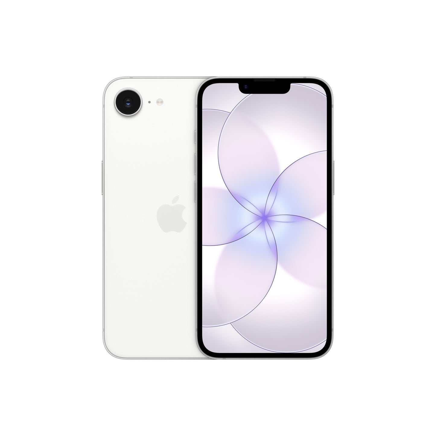 A white smartphone displayed from both the front and back, featuring a single-lens rear camera with an adjacent flash, a centered Apple logo, and a front display with a top notch and a light purple floral abstract wallpaper.