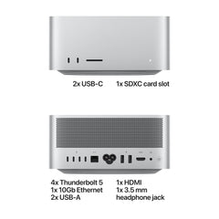 Front Ports: Includes 2x USB-C ports and 1x SDXC card slot.

Back Ports: Equipped with 4x Thunderbolt 5 ports, 1x 10Gb Ethernet port, 2x USB-A ports, 1x HDMI port, and 1x 3.5 mm headphone jack.
