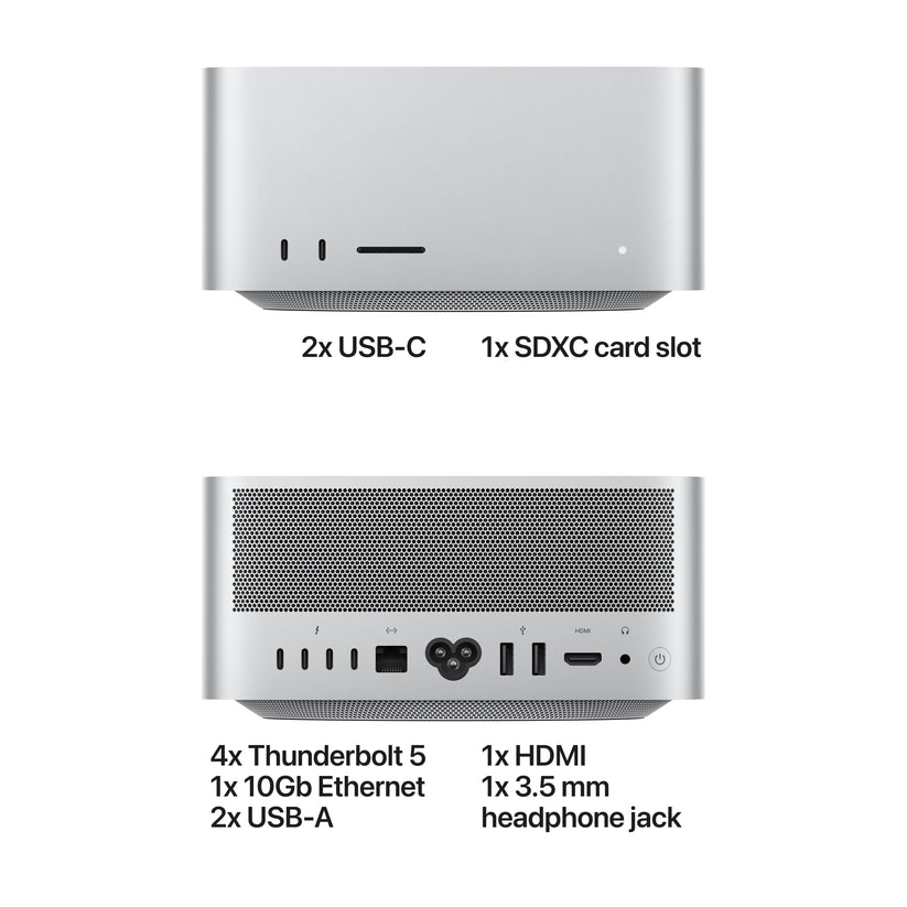 Front Ports: Includes 2x USB-C ports and 1x SDXC card slot.

Back Ports: Equipped with 4x Thunderbolt 5 ports, 1x 10Gb Ethernet port, 2x USB-A ports, 1x HDMI port, and 1x 3.5 mm headphone jack.
