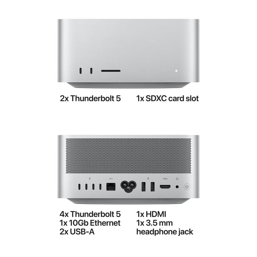 A technical layout showing the front and back ports of the Mac Studio.

Front Ports: Features 2x Thunderbolt 5 ports and 1x SDXC card slot.

Back Ports: Includes 4x Thunderbolt 5 ports, 1x 10Gb Ethernet port, 2x USB-A ports, 1x HDMI port, 1x 3.5 mm headphone jack, and the power button.