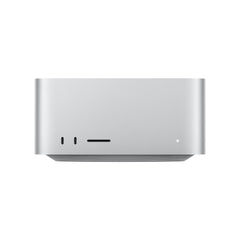 A front view of the silver Mac Studio showing its tall aluminum chassis, two front-facing USB-C ports, an SD card slot, and an indicator light.