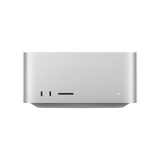 A front view of the silver Mac Studio showing its tall aluminum chassis, two front-facing USB-C ports, an SD card slot, and an indicator light.