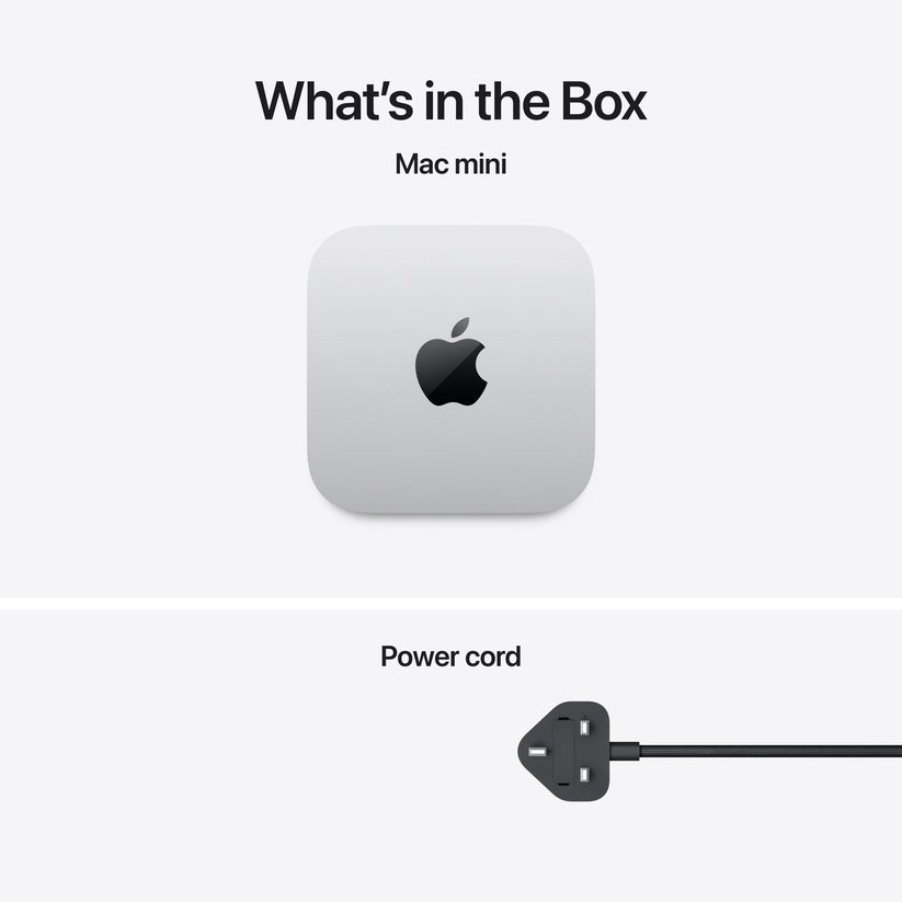 The items included in the Mac mini box are:

Mac mini

Power cord