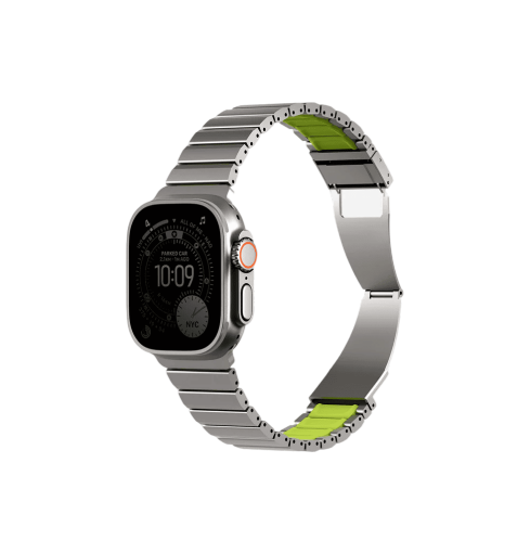 UNIQ STROVA FLEX APPLE WATCH SELF-ADJUSTABLE STEEL LINK BAND 49/46/45/44MM - TITANIUM SLIVER/LIME GREEN