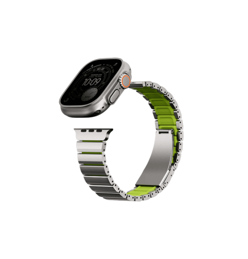 UNIQ STROVA FLEX APPLE WATCH SELF-ADJUSTABLE STEEL LINK BAND 49/46/45/44MM - TITANIUM SLIVER/LIME GREEN
