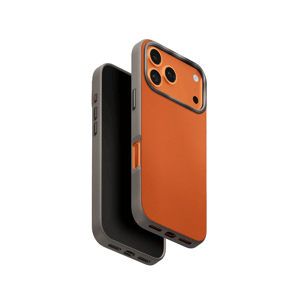 جراب UniQ Lyden DS ثنائي اللون من الجلد الصناعي الفاخر لهاتف iPhone 17 Pro Max - برتقالي ورمادي