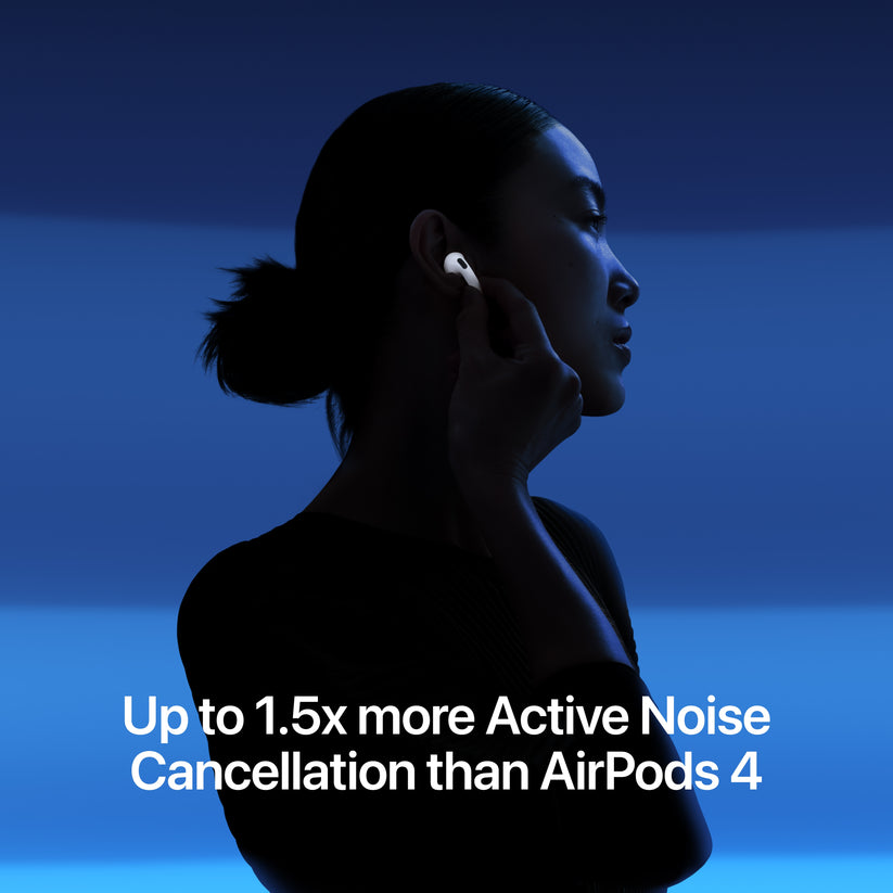 On-screen graphic highlighting 1.5X better noise cancellation than AirPods 4 on AirPods 5 with Wireless Charging Case from Tradeline.