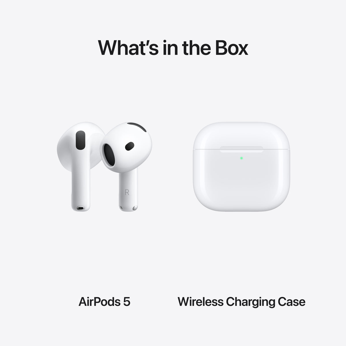 Retail box breakdown featuring the Apple AirPods 5 earbuds and Wireless Charging Case at Tradeline Egypt.