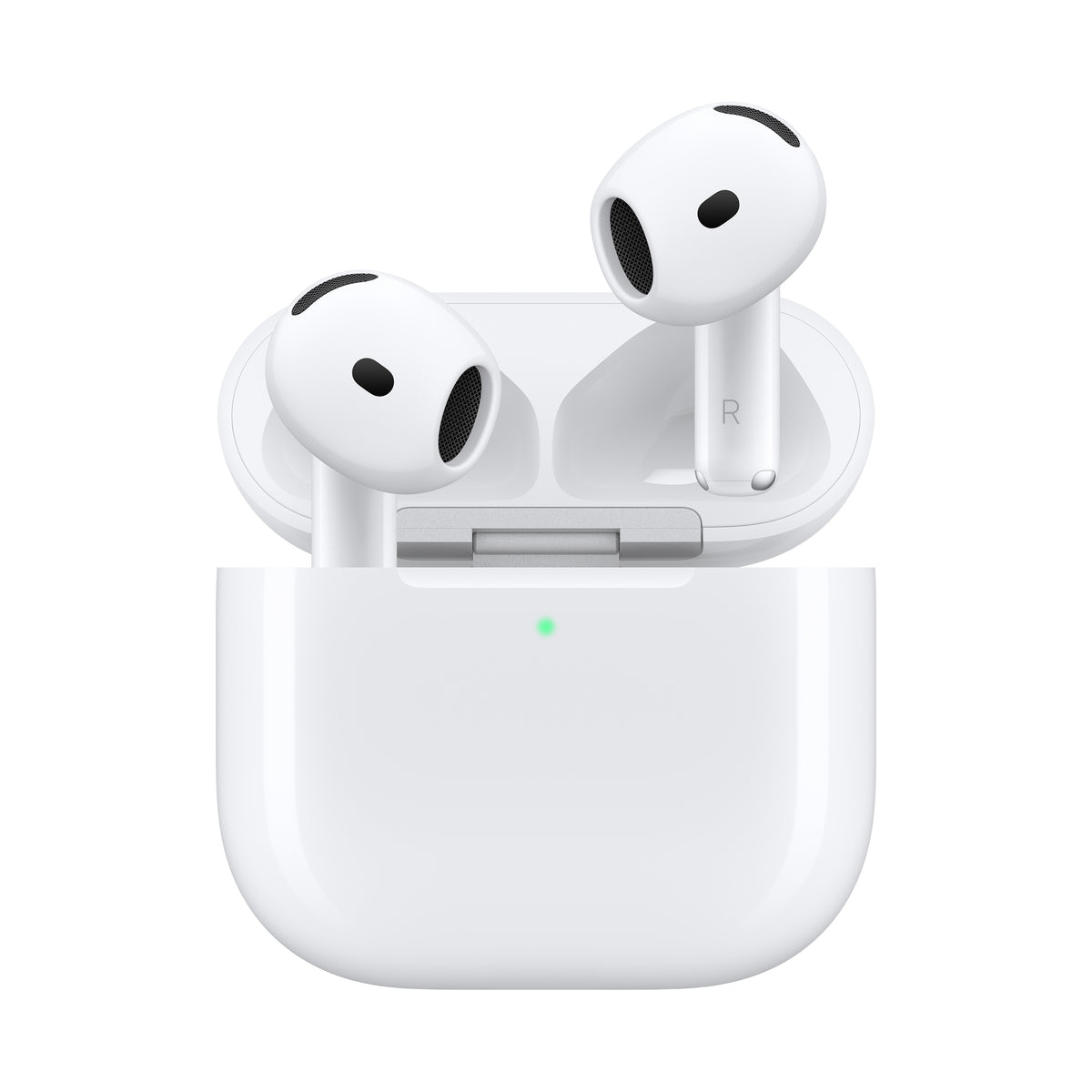 Apple AirPods 5 wireless earbuds positioned with the open Wireless Charging Case from Tradeline.