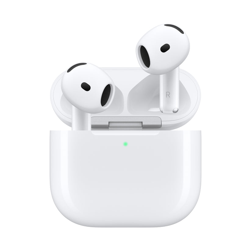 Apple AirPods 5 wireless earbuds positioned with the open Wireless Charging Case from Tradeline.