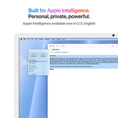 On-screen presentation highlighting Apple Intelligence features on 24-inch iMac M4 512GB Blue at Tradeline.