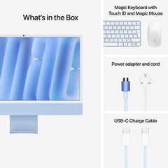 Box contents display showing power cord, USB-C charge cable, color-matched Magic Keyboard, and Magic Mouse at Tradeline.
