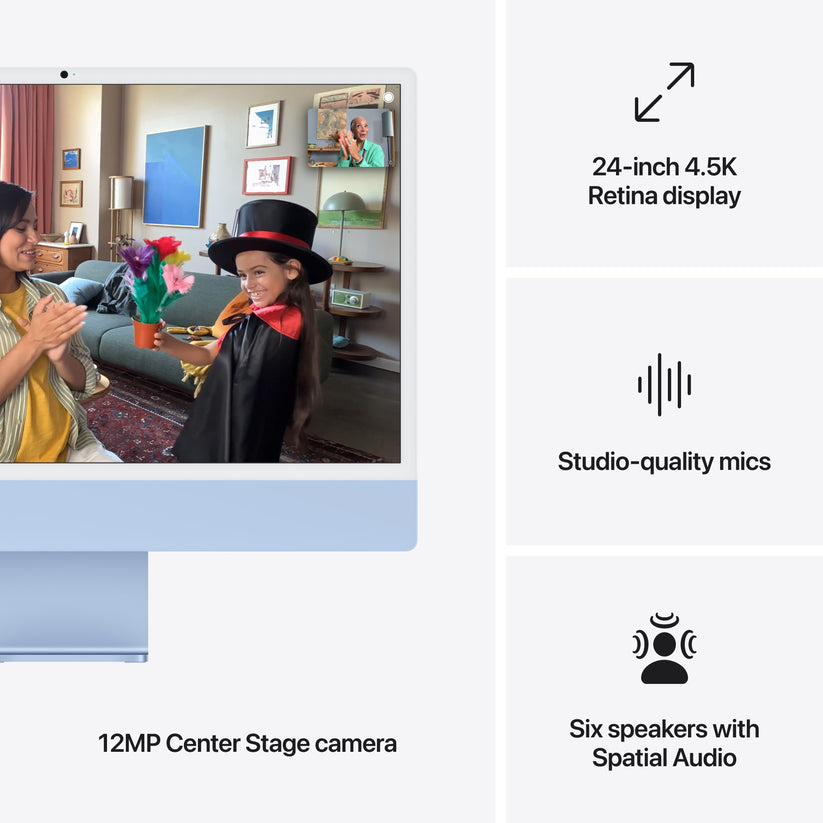 Feature layout illustrating spatial audio speakers, studio-quality mics, and Center Stage on 24-inch iMac Blue at Tradeline.