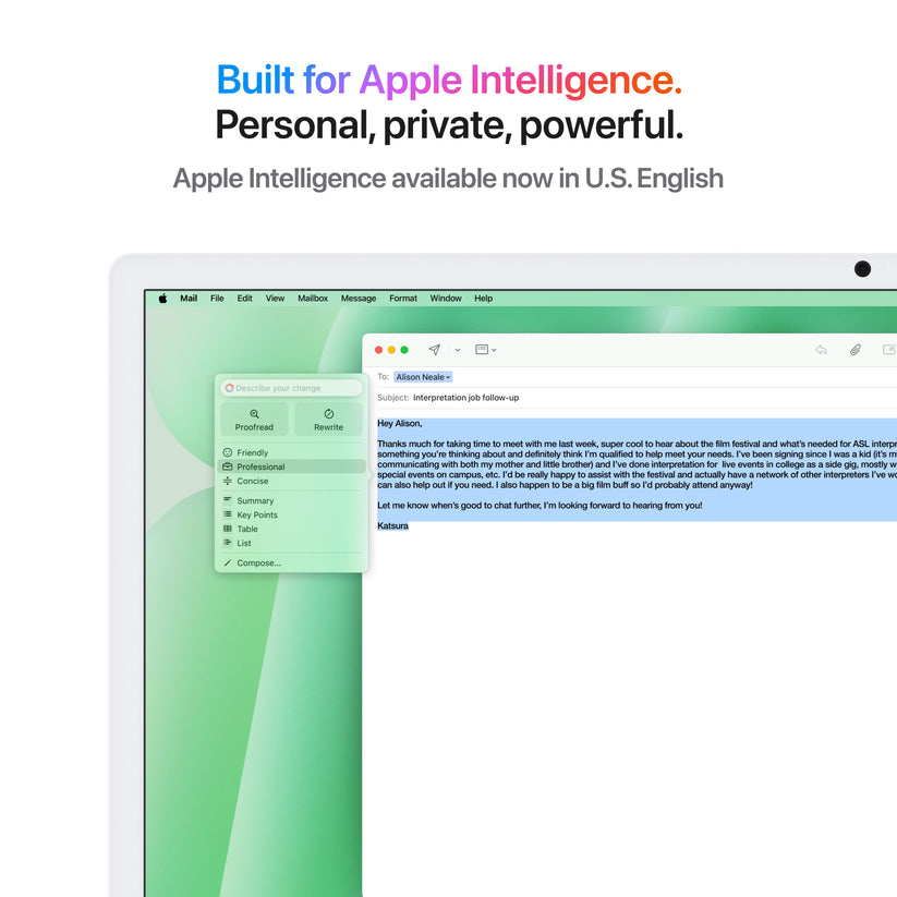Infographic showcasing integrated Apple Intelligence AI functionality on 24-inch iMac M4 512GB Green at Tradeline.