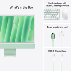 Packaging contents detailing power cord, USB-C charge cable, green Magic Keyboard, and Magic Mouse at Tradeline.