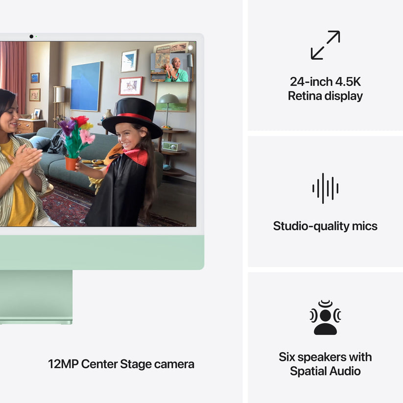Diagram highlighting studio-quality mics, immersive speakers, and Center Stage camera on iMac Green at Tradeline.