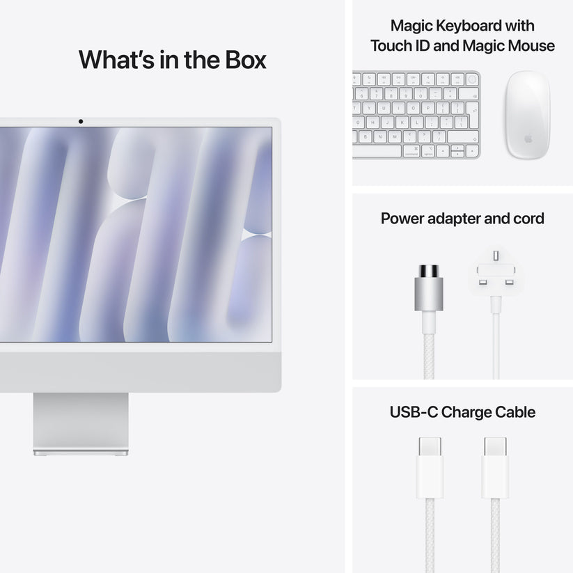Retail packaging components showing power cord, USB-C cable, Magic Keyboard, and Magic Mouse for iMac Silver at Tradeline.