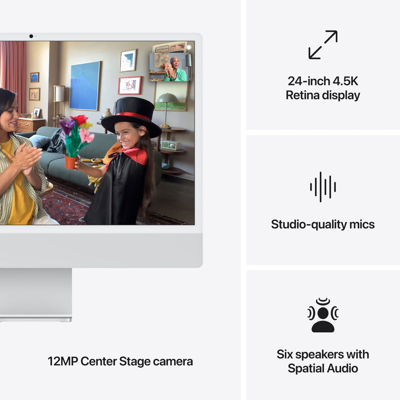 Detailed visual of six-speaker sound, studio microphones, and Center Stage webcam on 24-inch iMac Silver at Tradeline.